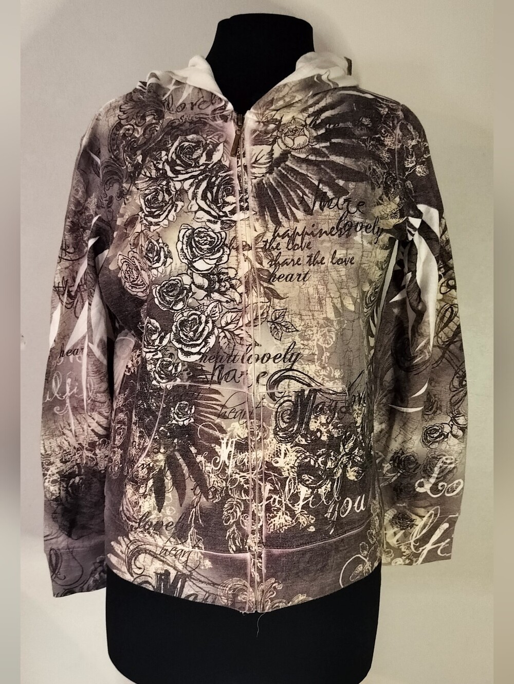Lucky 66 Black and Cream Graphic Zip Bomber Hoodie